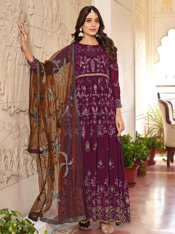 Plum Purple Faux Georgette Designer Salwar Kameez